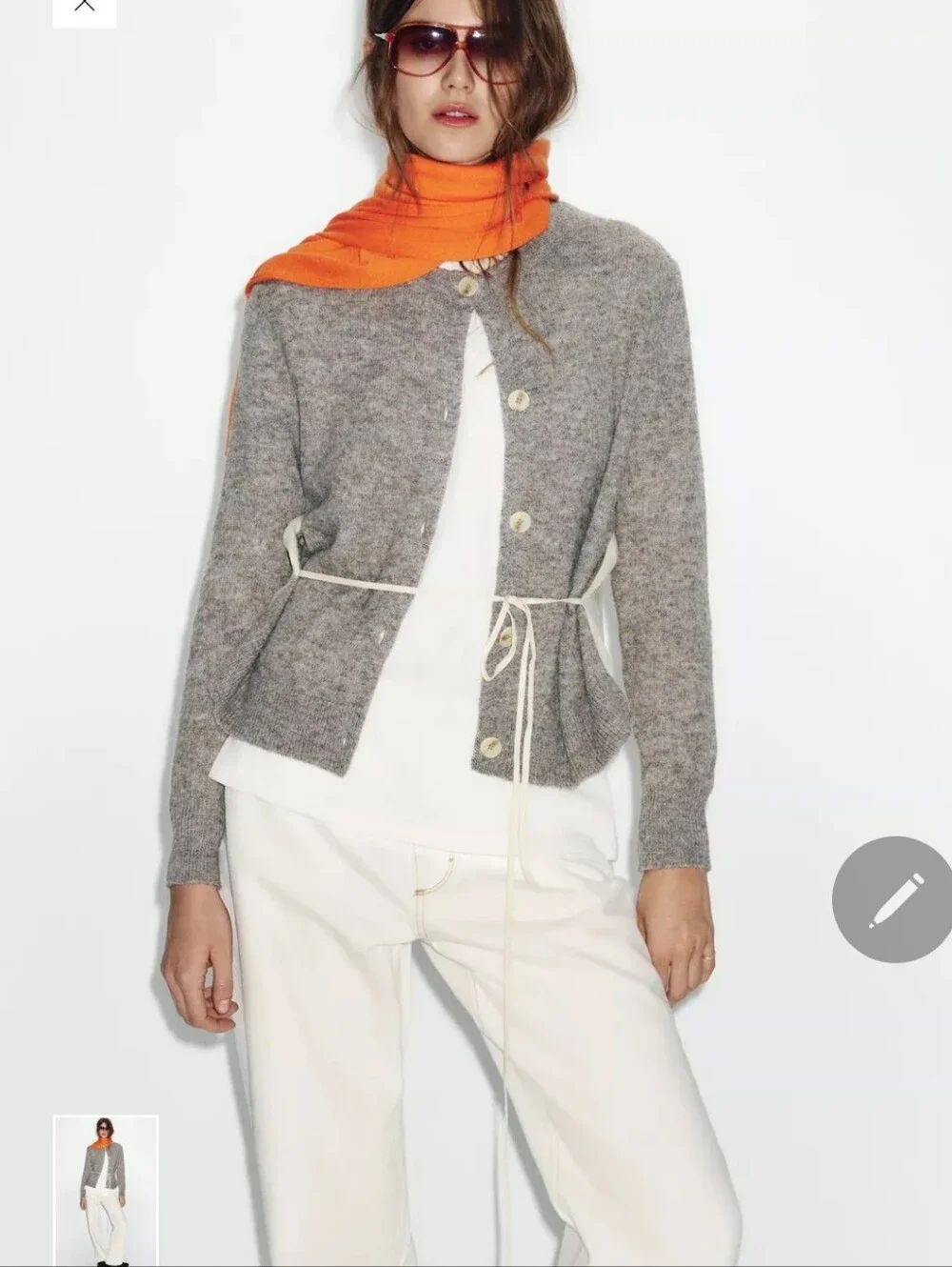 Zara Gray Button-Front Cardigan with Cream Buttons and Tie